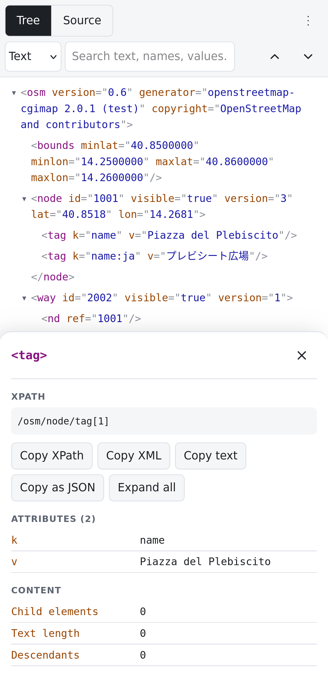Node details: XPath, attributes, copy as XML/JSON